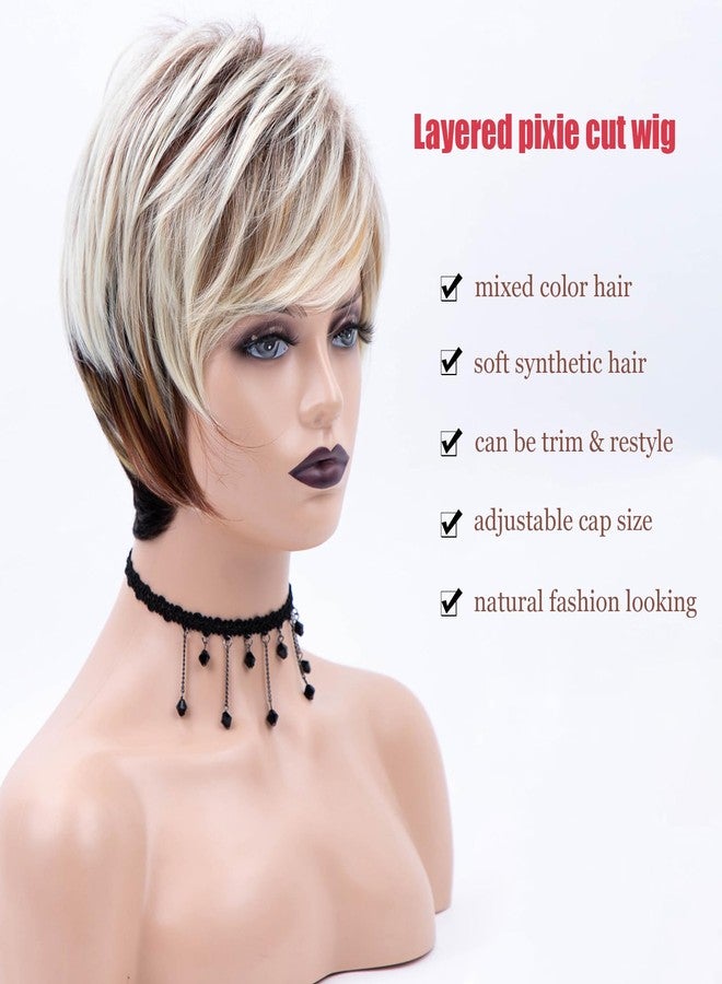 RENERSHOW Short Wigs for White Women Layered Brown Ombre Blonde Pixie Wig Synthetic Short Hair Wig with Bangs Mix Color Natural Looking Daily Party - Image 2
